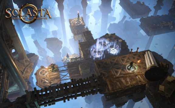 Solasta: Crown of the Magister - players stalk through a dungeon bridge in an icy environment